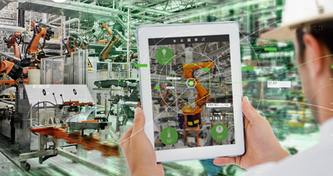Man using tablet showing augmented reality